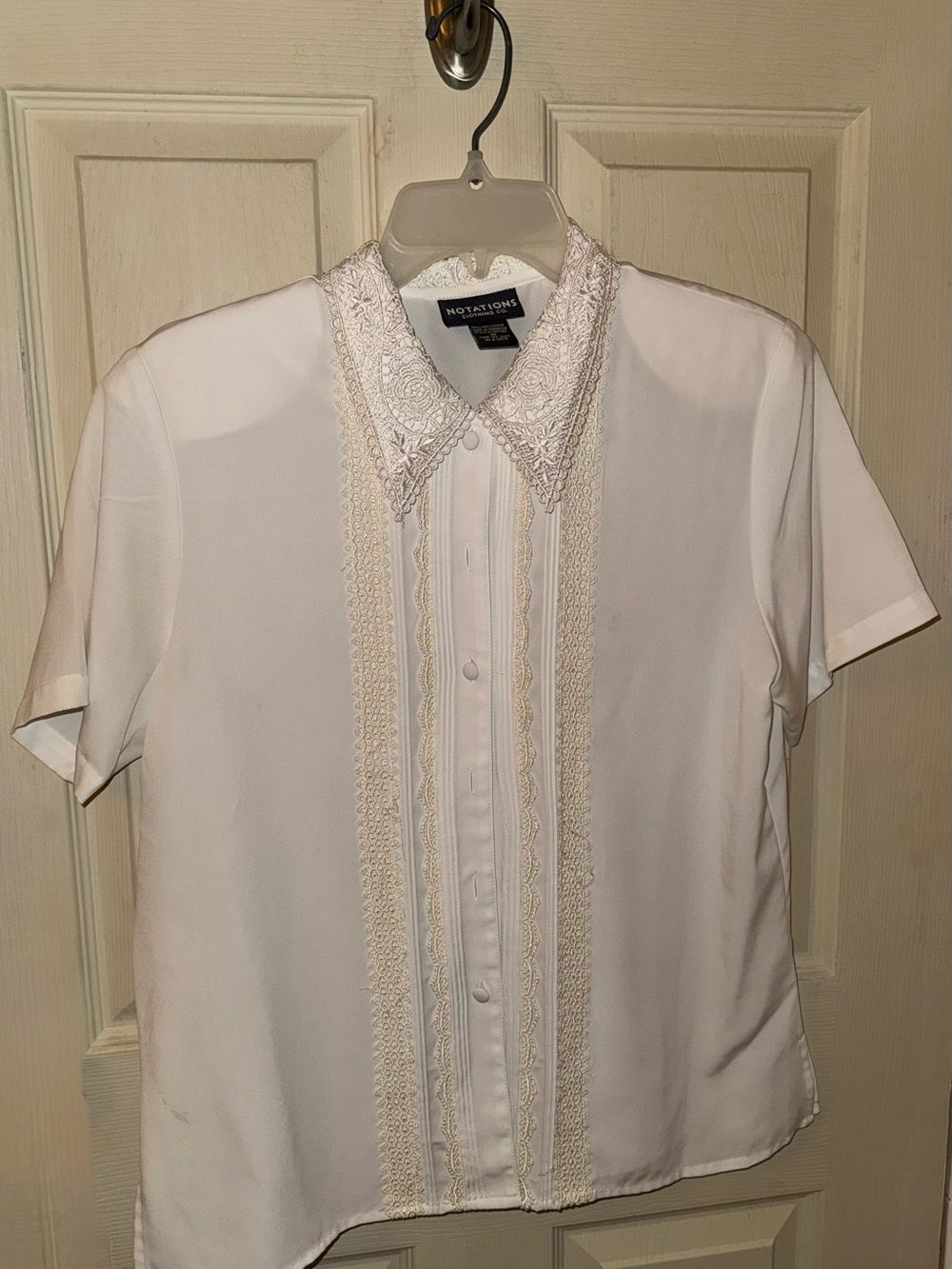 Notations White Short-Sleeve Lace-Trim Button Down Shirt